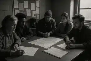 The Protest Is Over. Now What? | John Prince A black and white photo of a diverse group of people gathered around a table in a community space, organizing with maps and notes, faces serious and focused.