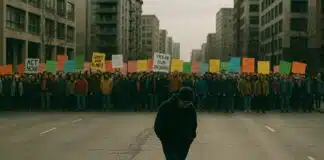 Protest is Over: A person walks away from a large, orderly protest crowd in a city, isolated in shadow while the crowd holds colorful signs behind them.