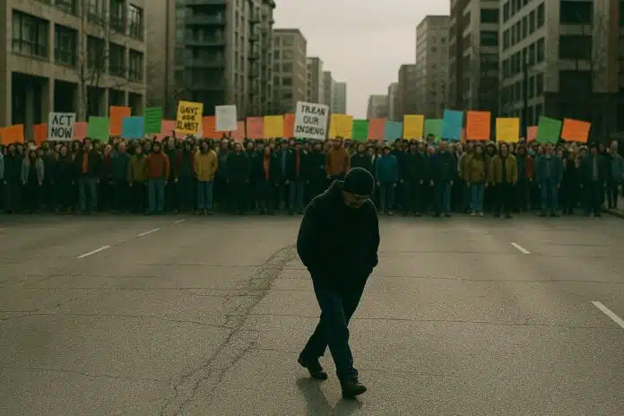 Protest is Over: A person walks away from a large, orderly protest crowd in a city, isolated in shadow while the crowd holds colorful signs behind them.