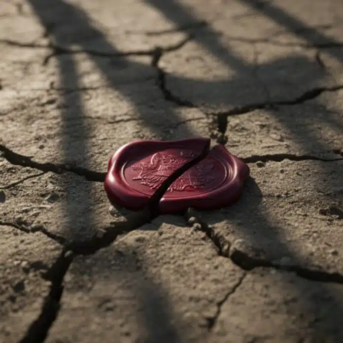 How Iran Was Set Up: A broken diplomatic wax seal lying on dry, cracked ground, symbolizing broken international agreements.