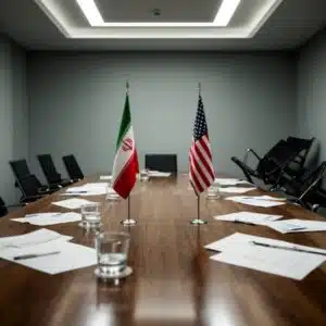 A wide shot of diplomats walking away from a polished table with empty chairs and scattered papers.