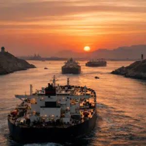 Oil tankers moving through a narrow Middle Eastern shipping corridor critical to global energy markets