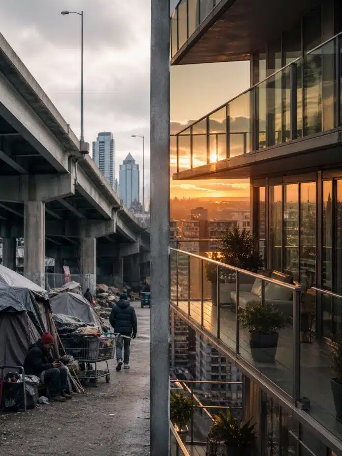 Class War: Split image showing a luxury high-rise balcony on one side and a tent encampment under a highway overpass on the other, Canadian city skyline visible in both halves.