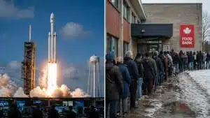 Class Conflict vs Class War in Canada | John Prince A split comparison showing a rocket launch juxtaposed with a line of people outside a Canadian food bank.