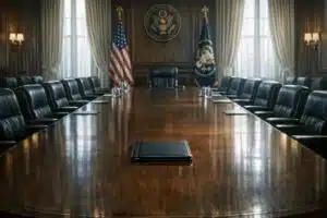 The Prime Ministerial Monarchy: How Power Became Centralized | John Prince A long, polished government boardroom table with empty chairs, a single folder placed at the head of the table.