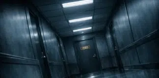 Prime Ministerial Monarchy: A dark, minimalist corridor inside a government building, with a single door marked "PMO" at the end, lit from above.