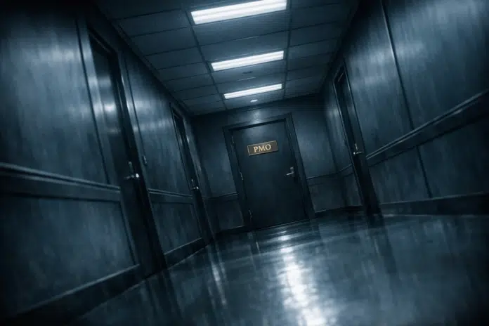 Prime Ministerial Monarchy: A dark, minimalist corridor inside a government building, with a single door marked 