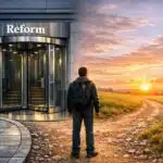 Structural change: A person standing at a crossroads: one path leads to a polished revolving door labelled "Reform," the other to a rough path leading to a horizon with rising sun.