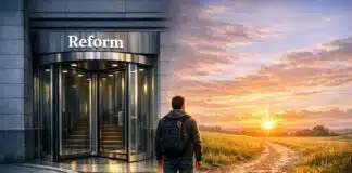 Structural change: A person standing at a crossroads: one path leads to a polished revolving door labelled "Reform," the other to a rough path leading to a horizon with rising sun.