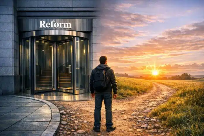 Structural change: A person standing at a crossroads: one path leads to a polished revolving door labelled 