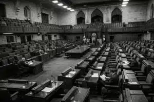 When Democracy Fails: The Complete Series | John Prince Canada's Democracy: Wide shot of a nearly empty Canadian House of Commons during a debate, with only a handful of MPs visible.