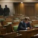 Parliament in name only. A single MP sitting alone in a nearly empty House of Commons, head down, looking at a phone, with party whips visible in shadow in the background.