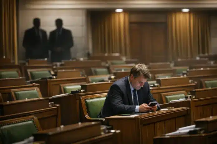 Parliament in name only. A single MP sitting alone in a nearly empty House of Commons, head down, looking at a phone, with party whips visible in shadow in the background.