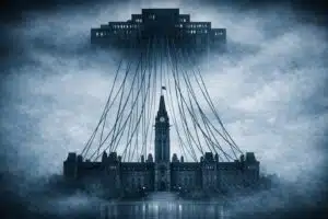 The Prime Ministerial Monarchy: How Power Became Centralized | John Prince A stylized image of a parliament building with visible strings leading upward to a darkened central office.