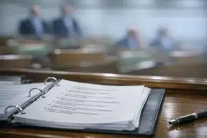 Parliament in Name Only: Representation Without Power | John Prince Close-up of a printed script or binder on a desk in a parliamentary chamber, blurred MPs in the background.