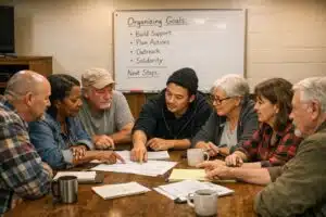 Beyond Reform: The Case for Structural, Transformative Change | John Prince People gathered in a community centre around a table, planning and organizing, with a whiteboard in the background.
