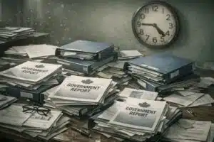 When Democracy Fails: The Complete Series | John Prince A stack of government reports and binders on a desk, gathering dust, with a clock blurred in the background.