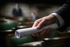 Parliament in Name Only: Representation Without Power | John Prince A close-up of a hand holding a rolled script or whip, with green MP chairs blurred in the background.