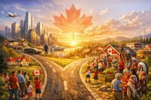 Canada standing at a crossroads. (AI-generated image) between corporate control and democratic renewal.