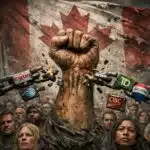 Revolutionary socialism: A worn, clenched fist rising from a crowd of diverse faces, breaking a chain made of corporate logos including an oil drop, a bank building, a satellite dish, and a house. In the background, a muted and slightly torn Canadian flag stands but shows wear. The image is gritty, urgent, and defiant.