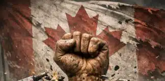 Revolutionary socialism: A worn, clenched fist rising from a crowd of diverse faces, breaking a chain made of corporate logos including an oil drop, a bank building, a satellite dish, and a house. In the background, a muted and slightly torn Canadian flag stands but shows wear. The image is gritty, urgent, and defiant.