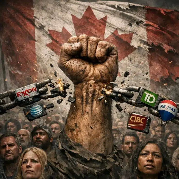Revolutionary socialism: A worn, clenched fist rising from a crowd of diverse faces, breaking a chain made of corporate logos including an oil drop, a bank building, a satellite dish, and a house. In the background, a muted and slightly torn Canadian flag stands but shows wear. The image is gritty, urgent, and defiant.