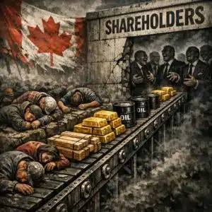 A conveyor belt carries gold bars, oil drums, and lumber from left to right. On the left side, exhausted workers in hard hats and worn clothes lie slumped over or sit collapsed. On the right side, the belt disappears into a wall labelled "Shareholders," where shadowy figures in expensive suits laugh and point. High contrast, harsh lighting, angry and accusatory tone.