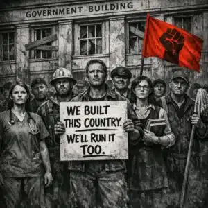 A crowd of working people — a nurse in scrubs, an oil worker in a hard hat and coveralls, a server with an apron, a teacher holding books, a bus driver, a cleaner with a mop — standing shoulder to shoulder in front of a government building with boarded-up windows. The image is black and white except for a single red accent: a raised fist or a small flag. One person in the crowd holds a sign that reads: "We built this country. We'll run it too." The mood is defiant, exhausted, and determined.